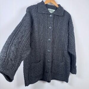 Aran Crafts Irish Wool Chunky Cable Knit Cardigan Women M Gray Fisherman Cottage